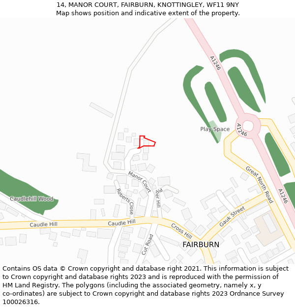 14, MANOR COURT, FAIRBURN, KNOTTINGLEY, WF11 9NY: Location map and indicative extent of plot