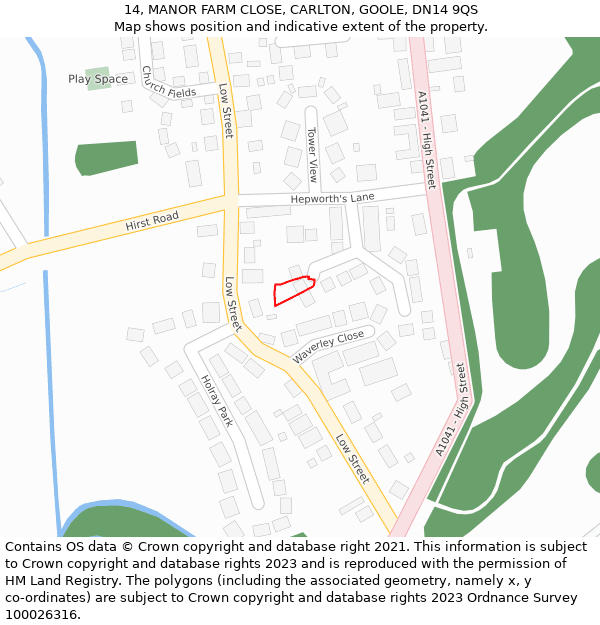 14, MANOR FARM CLOSE, CARLTON, GOOLE, DN14 9QS: Location map and indicative extent of plot