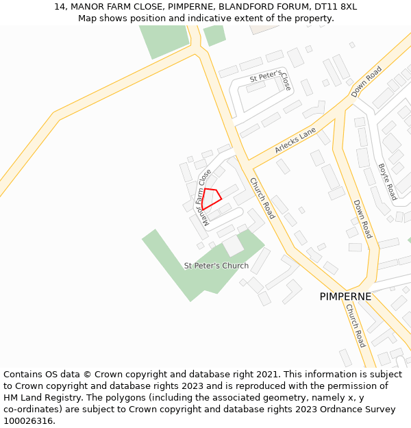 14, MANOR FARM CLOSE, PIMPERNE, BLANDFORD FORUM, DT11 8XL: Location map and indicative extent of plot