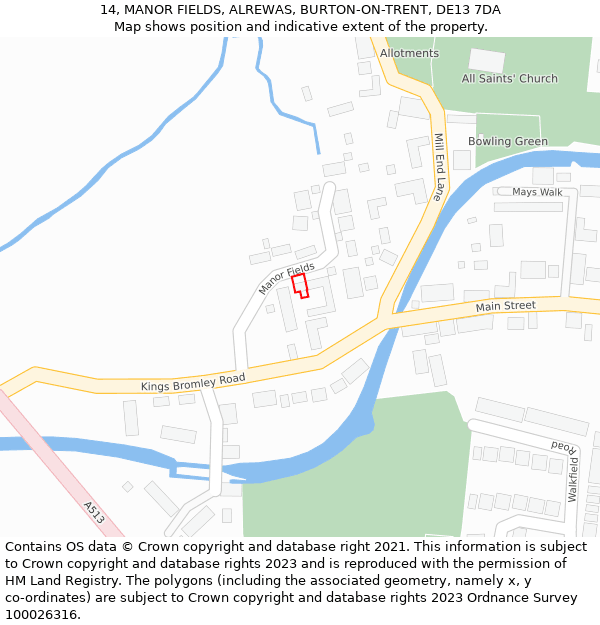 14, MANOR FIELDS, ALREWAS, BURTON-ON-TRENT, DE13 7DA: Location map and indicative extent of plot