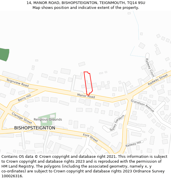 14, MANOR ROAD, BISHOPSTEIGNTON, TEIGNMOUTH, TQ14 9SU: Location map and indicative extent of plot