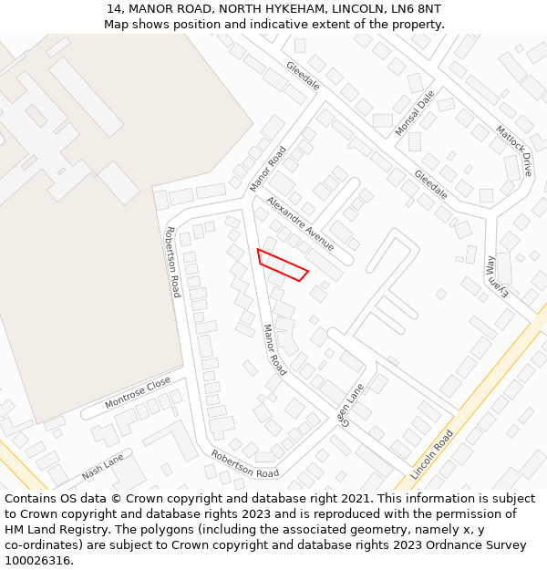 14, MANOR ROAD, NORTH HYKEHAM, LINCOLN, LN6 8NT: Location map and indicative extent of plot