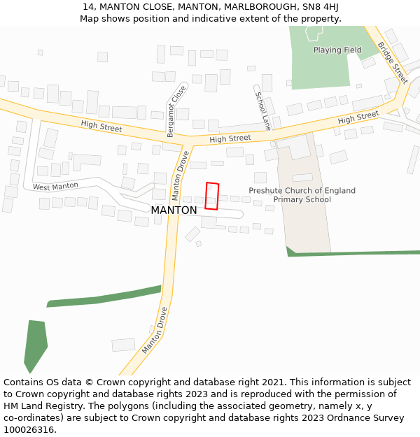 14, MANTON CLOSE, MANTON, MARLBOROUGH, SN8 4HJ: Location map and indicative extent of plot