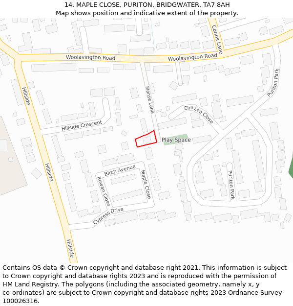 14, MAPLE CLOSE, PURITON, BRIDGWATER, TA7 8AH: Location map and indicative extent of plot