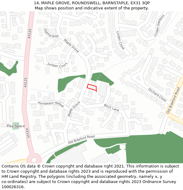 14, MAPLE GROVE, ROUNDSWELL, BARNSTAPLE, EX31 3QP: Location map and indicative extent of plot