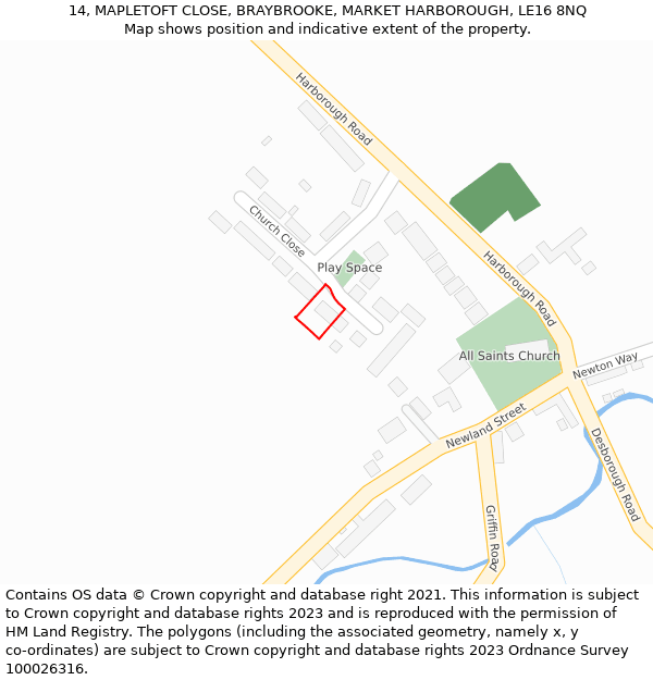 14, MAPLETOFT CLOSE, BRAYBROOKE, MARKET HARBOROUGH, LE16 8NQ: Location map and indicative extent of plot