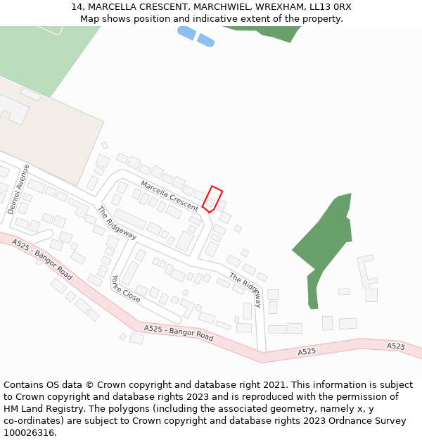 14, MARCELLA CRESCENT, MARCHWIEL, WREXHAM, LL13 0RX: Location map and indicative extent of plot