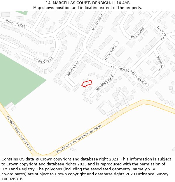 14, MARCELLAS COURT, DENBIGH, LL16 4AR: Location map and indicative extent of plot