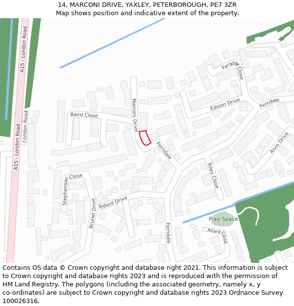 14, MARCONI DRIVE, YAXLEY, PETERBOROUGH, PE7 3ZR: Location map and indicative extent of plot