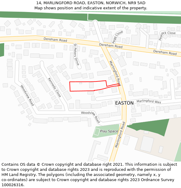 14, MARLINGFORD ROAD, EASTON, NORWICH, NR9 5AD: Location map and indicative extent of plot