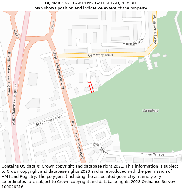 14, MARLOWE GARDENS, GATESHEAD, NE8 3HT: Location map and indicative extent of plot