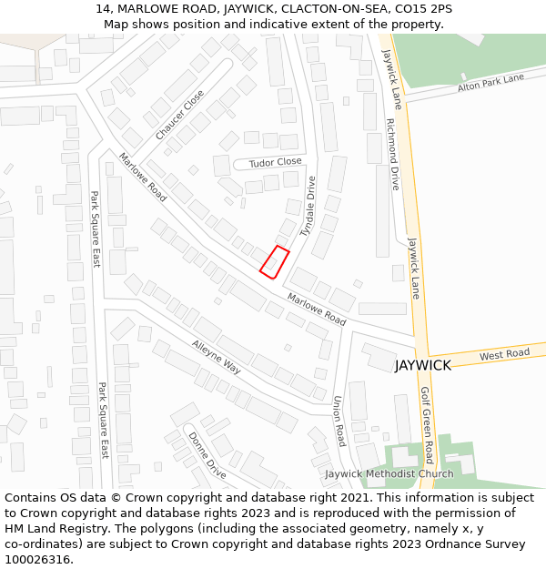 14, MARLOWE ROAD, JAYWICK, CLACTON-ON-SEA, CO15 2PS: Location map and indicative extent of plot