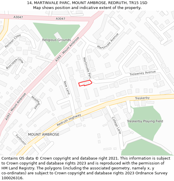 14, MARTINVALE PARC, MOUNT AMBROSE, REDRUTH, TR15 1SD: Location map and indicative extent of plot