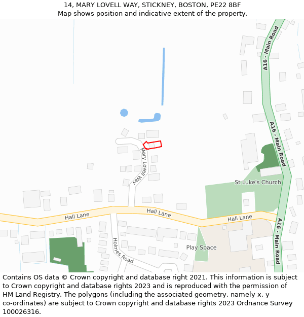 14, MARY LOVELL WAY, STICKNEY, BOSTON, PE22 8BF: Location map and indicative extent of plot