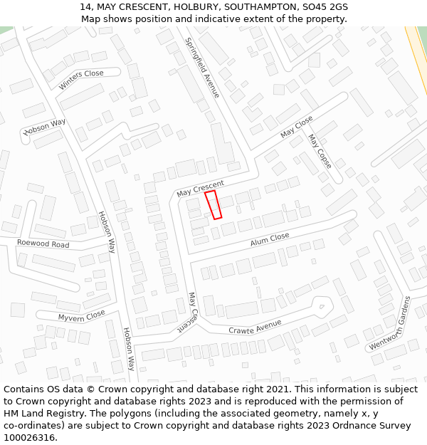 14, MAY CRESCENT, HOLBURY, SOUTHAMPTON, SO45 2GS: Location map and indicative extent of plot