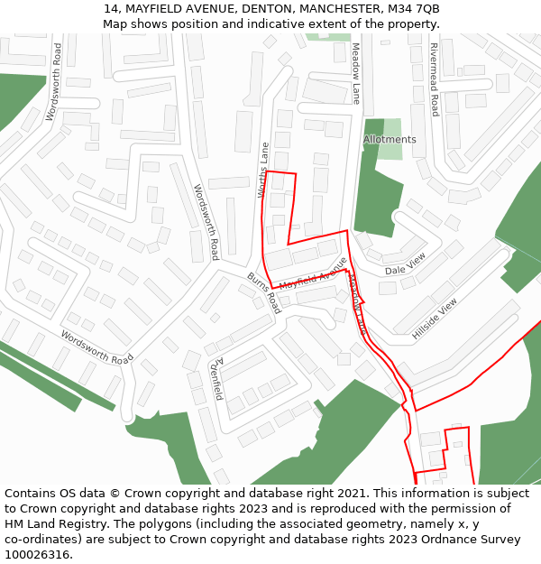 14, MAYFIELD AVENUE, DENTON, MANCHESTER, M34 7QB: Location map and indicative extent of plot