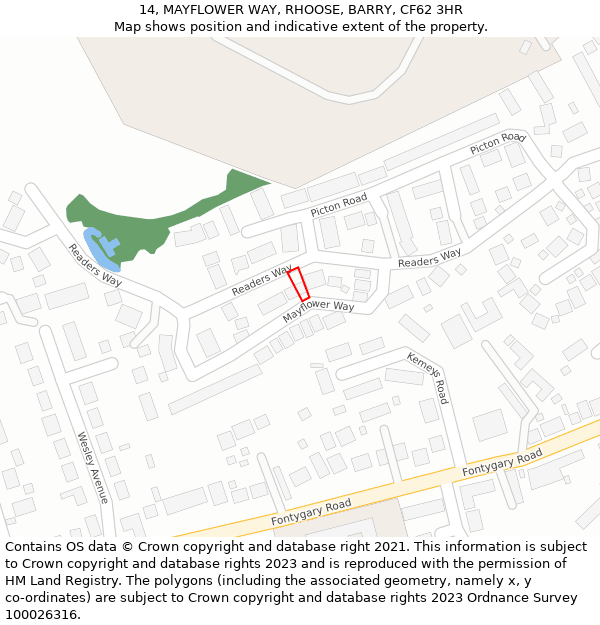 14, MAYFLOWER WAY, RHOOSE, BARRY, CF62 3HR: Location map and indicative extent of plot