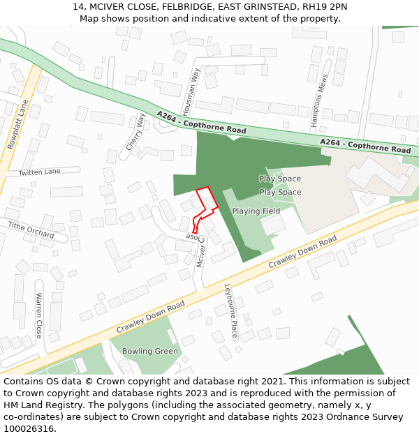 14, MCIVER CLOSE, FELBRIDGE, EAST GRINSTEAD, RH19 2PN: Location map and indicative extent of plot