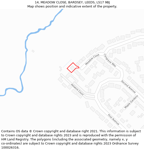 14, MEADOW CLOSE, BARDSEY, LEEDS, LS17 9BJ: Location map and indicative extent of plot