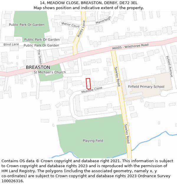 14, MEADOW CLOSE, BREASTON, DERBY, DE72 3EL: Location map and indicative extent of plot