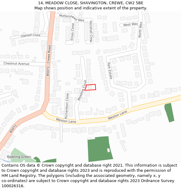 14, MEADOW CLOSE, SHAVINGTON, CREWE, CW2 5BE: Location map and indicative extent of plot