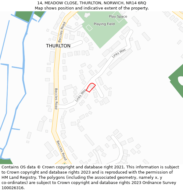 14, MEADOW CLOSE, THURLTON, NORWICH, NR14 6RQ: Location map and indicative extent of plot