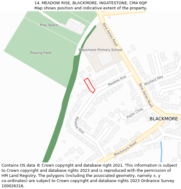 14, MEADOW RISE, BLACKMORE, INGATESTONE, CM4 0QP: Location map and indicative extent of plot