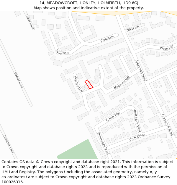 14, MEADOWCROFT, HONLEY, HOLMFIRTH, HD9 6GJ: Location map and indicative extent of plot