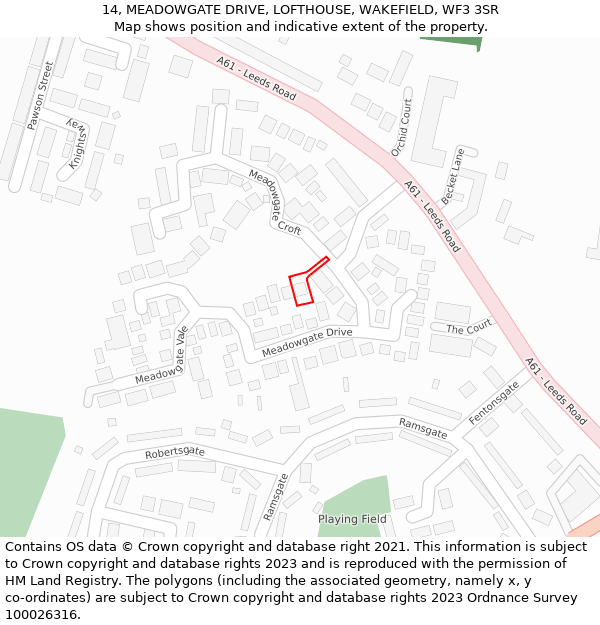 14, MEADOWGATE DRIVE, LOFTHOUSE, WAKEFIELD, WF3 3SR: Location map and indicative extent of plot