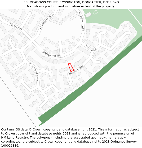 14, MEADOWS COURT, ROSSINGTON, DONCASTER, DN11 0YG: Location map and indicative extent of plot