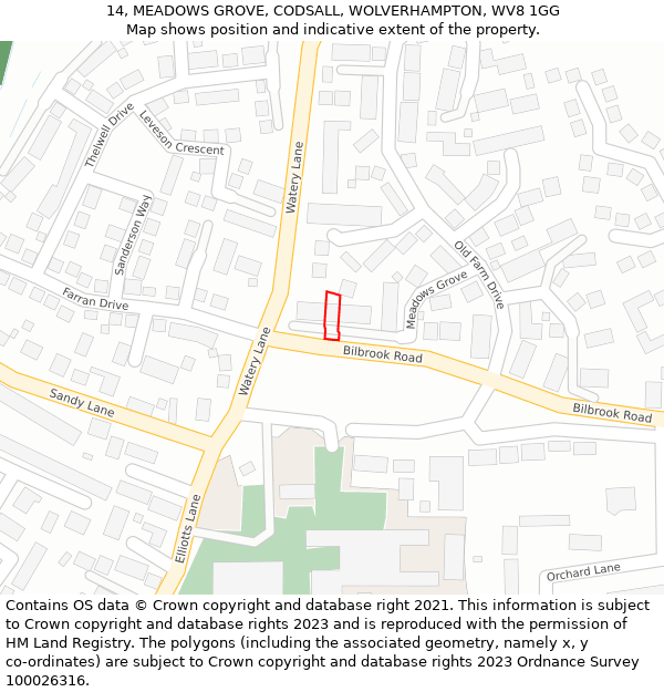 14, MEADOWS GROVE, CODSALL, WOLVERHAMPTON, WV8 1GG: Location map and indicative extent of plot