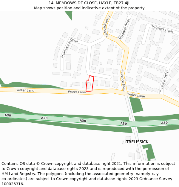 14, MEADOWSIDE CLOSE, HAYLE, TR27 4JL: Location map and indicative extent of plot