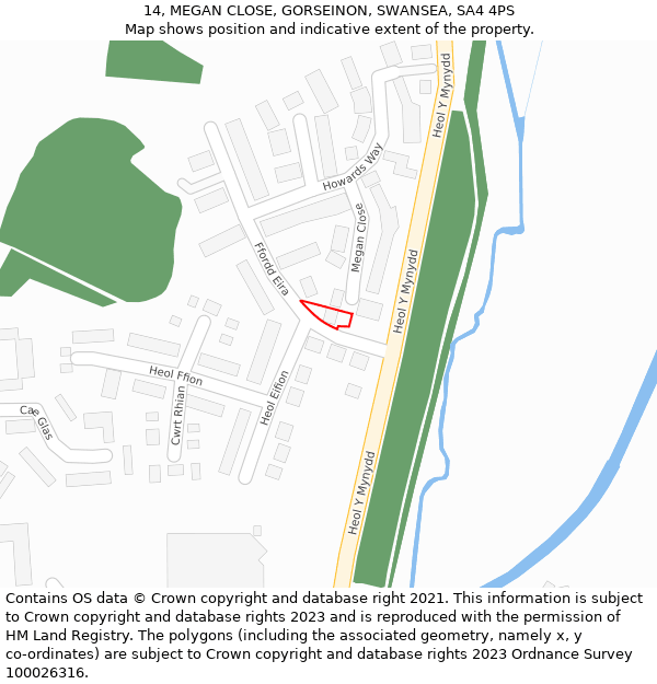 14, MEGAN CLOSE, GORSEINON, SWANSEA, SA4 4PS: Location map and indicative extent of plot