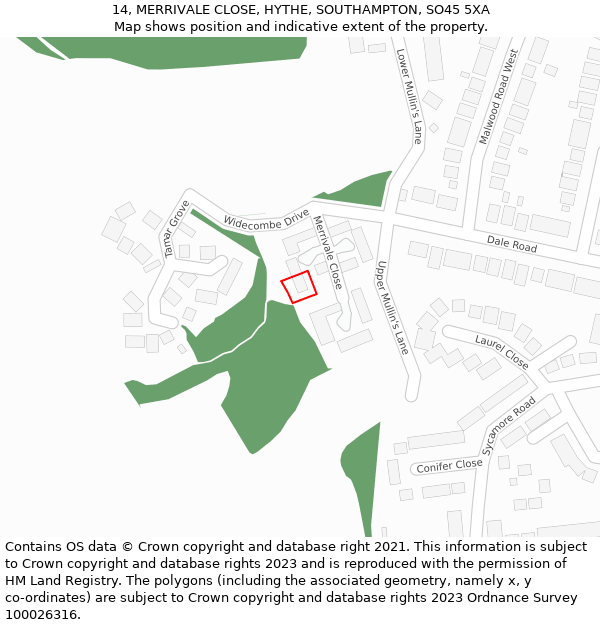 14, MERRIVALE CLOSE, HYTHE, SOUTHAMPTON, SO45 5XA: Location map and indicative extent of plot