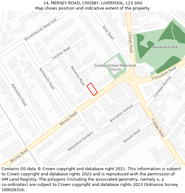 14, MERSEY ROAD, CROSBY, LIVERPOOL, L23 3AG: Location map and indicative extent of plot