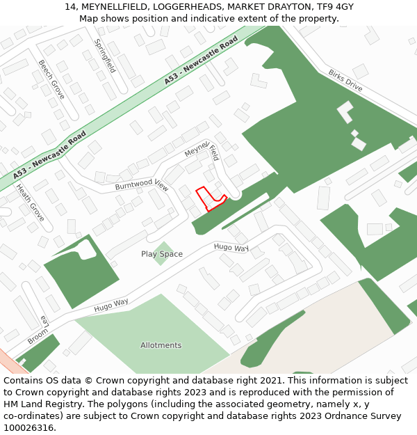 14, MEYNELLFIELD, LOGGERHEADS, MARKET DRAYTON, TF9 4GY: Location map and indicative extent of plot