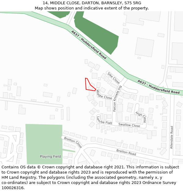 14, MIDDLE CLOSE, DARTON, BARNSLEY, S75 5RG: Location map and indicative extent of plot