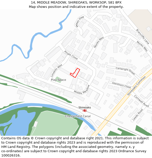 14, MIDDLE MEADOW, SHIREOAKS, WORKSOP, S81 8PX: Location map and indicative extent of plot