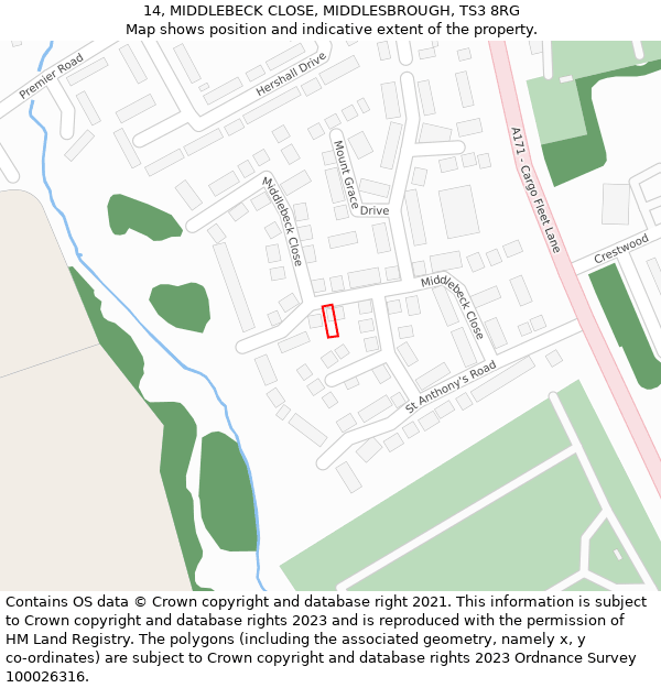 14, MIDDLEBECK CLOSE, MIDDLESBROUGH, TS3 8RG: Location map and indicative extent of plot