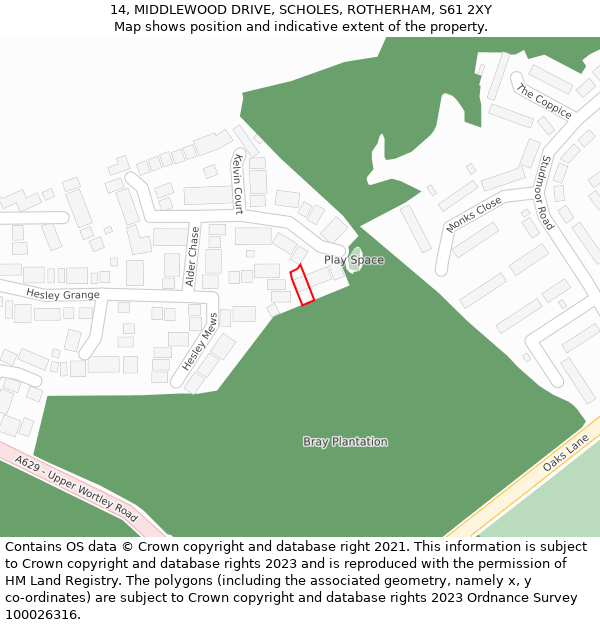14, MIDDLEWOOD DRIVE, SCHOLES, ROTHERHAM, S61 2XY: Location map and indicative extent of plot
