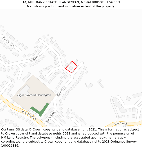 14, MILL BANK ESTATE, LLANDEGFAN, MENAI BRIDGE, LL59 5RD: Location map and indicative extent of plot