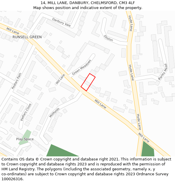 14, MILL LANE, DANBURY, CHELMSFORD, CM3 4LF: Location map and indicative extent of plot