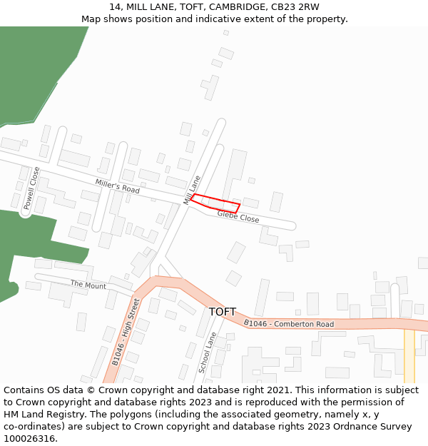 14, MILL LANE, TOFT, CAMBRIDGE, CB23 2RW: Location map and indicative extent of plot