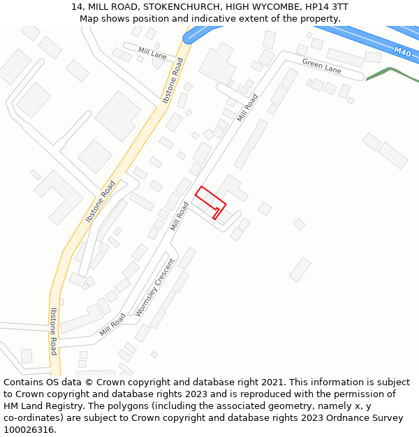14, MILL ROAD, STOKENCHURCH, HIGH WYCOMBE, HP14 3TT: Location map and indicative extent of plot