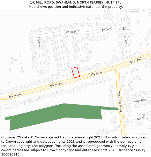 14, MILL ROAD, SWANLAND, NORTH FERRIBY, HU14 3PL: Location map and indicative extent of plot