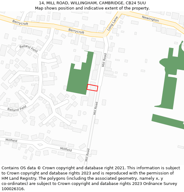 14, MILL ROAD, WILLINGHAM, CAMBRIDGE, CB24 5UU: Location map and indicative extent of plot