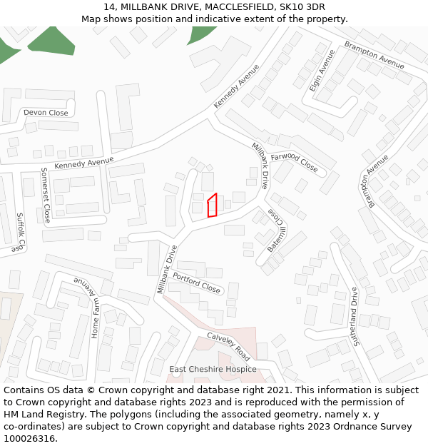 14, MILLBANK DRIVE, MACCLESFIELD, SK10 3DR: Location map and indicative extent of plot