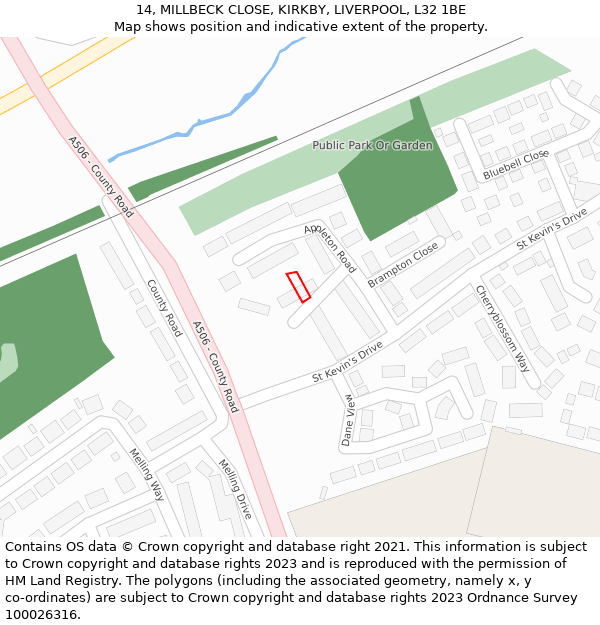 14, MILLBECK CLOSE, KIRKBY, LIVERPOOL, L32 1BE: Location map and indicative extent of plot