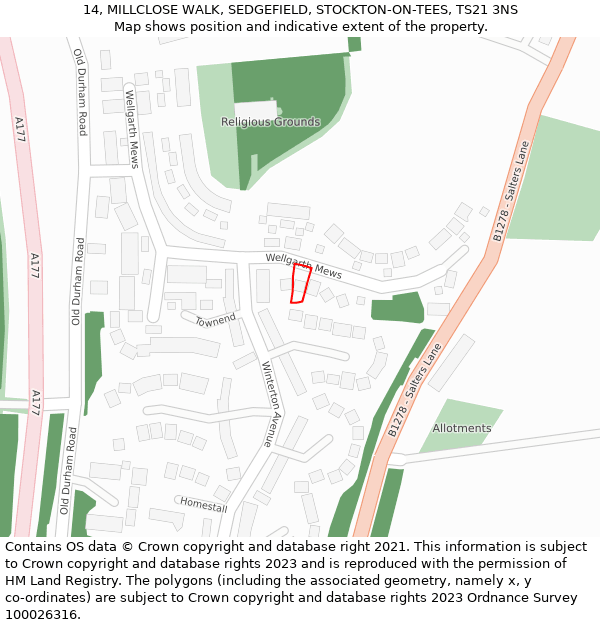 14, MILLCLOSE WALK, SEDGEFIELD, STOCKTON-ON-TEES, TS21 3NS: Location map and indicative extent of plot