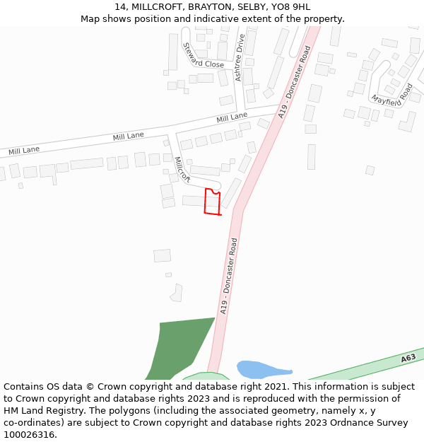 14, MILLCROFT, BRAYTON, SELBY, YO8 9HL: Location map and indicative extent of plot